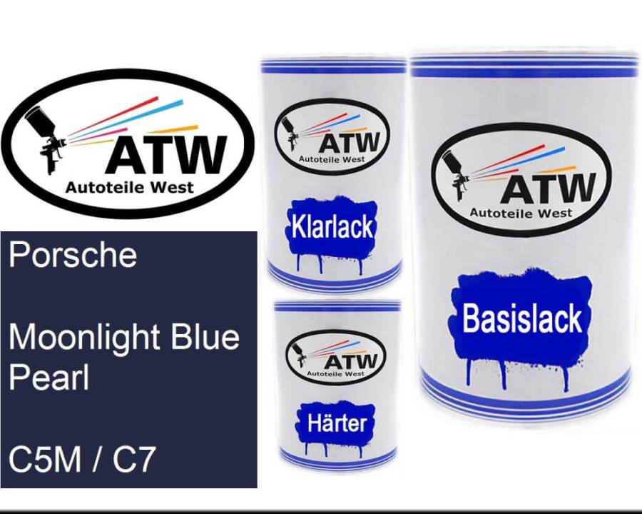 Porsche, Moonlight Blue Pearl, C5M / C7: 500ml Lackdose + 500ml Klarlack + 250ml Härter - Set, von ATW Autoteile West.
